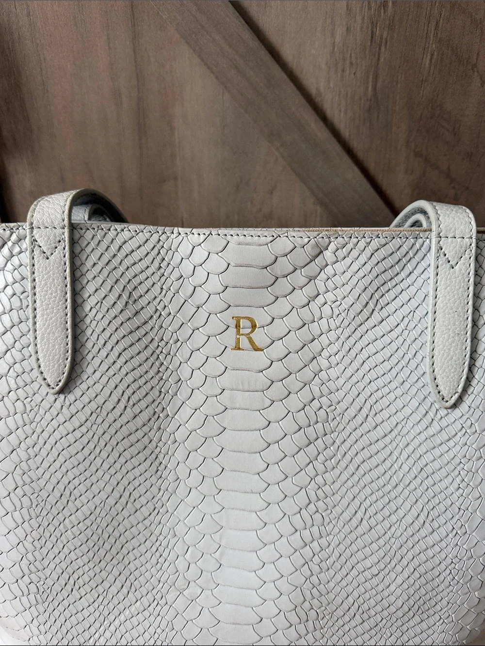 Gigi New York Monogrammed Light Gray Snake-Embossed Leather Tote Bag